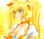  blonde_hair breasts cleavage cure_sunshine futari_wa_precure hair_ribbon heart heartcatch_precure! long_hair magical_girl myoudouin_itsuki precure rav_(ravetx) ravetx ribbon skirt solo twintails very_long_hair yellow yellow_background yellow_eyes 