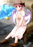  1girl alternate_costume animal_ears blush fountain hat jewelry mystia_lorelei necklace red_eyes short_hair sitting skirt smile solo touhou vest water wings 