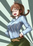  antenna_hair belt braid brown_hair closed_eyes glasses hands_on_hips highres hirosato idolmaster idolmaster_2 open_mouth shirt smile solo striped twin_braids 