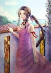  bracelet braid brown_hair choker dress earrings final_fantasy final_fantasy_vii green_eyes jewelry long_hair ribbon shinrin_kusaba sin-rin single_braid solo 