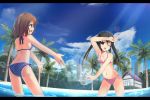  beach_house bikini black_hair brown_eyes brown_hair hirasawa_yui k-on! long_hair nakano_azusa nekomu_shi palm_tree polka_dot polka_dot_bikini polka_dot_swimsuit short_hair side-tie_bikini splash swimsuit tree twintails wink 