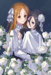  2girls absurdres alternate_costume black_hair bleach capelet flower hair_between_eyes hair_flower hair_ornament hand_on_another&#039;s_chest hand_on_another&#039;s_waist highres inoue_orihime kuchiki_rukia long_bangs long_hair long_sleeves looking_at_viewer multiple_girls orange_eyes orange_hair parted_lips rinner373 short_hair smile twitter_username violet_eyes white_capelet 