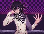  1boy belt_buckle black_scarf buckle buttons checkered_background checkered_clothes checkered_scarf commentary crazy crazy_eyes crazy_grin danganronpa_(series) danganronpa_v3:_killing_harmony fingernails floating_hair hair_between_eyes hand_on_own_face jacket kogarashi_8 long_sleeves looking_at_viewer male_focus messy_hair oma_kokichi outline outstretched_hand pink_outline purple_background purple_hair scarf shaded_face sharp_teeth short_hair simple_background solo teeth two-tone_scarf upper_body violet_eyes white_jacket white_scarf white_sleeves wide-eyed 