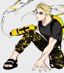  1boy alternate_eye_color black_pants black_shirt blonde_hair blue_eyes full_body goggles highres holding holding_water_gun jujutsu_kaisen male_focus mochiya_(mochiya0504) nanami_kento pants sandals shirt short_hair short_sleeves t-shirt water water_gun 