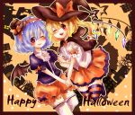  2girls alternate_costume alternate_headwear bat_wings black_cape black_headwear blonde_hair bloomers blue_hair blush border bow brown_border cape center_frills closed_mouth crystal english_text flandre_scarlet frilled_hairband frills hairband happy happy_halloween hat hat_bow hat_ribbon looking_at_viewer maru_usagi mini_hat multicolored_wings multiple_girls one_eye_closed open_mouth orange_bloomers orange_skirt orange_thighhighs puffy_short_sleeves puffy_sleeves purple_shirt purple_thighhighs red_bow red_eyes red_hairband red_ribbon remilia_scarlet ribbon shadow shirt short_sleeves siblings sisters skirt sleeve_bow sleeve_ribbon smile striped_clothes striped_thighhighs thigh-highs touhou white_shirt white_thighhighs wings witch_hat yellow_background 