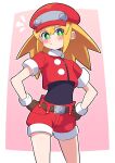  1girl absurdres blonde_hair blush brown_gloves buzzlyears closed_mouth gloves green_eyes hands_on_own_hips highres long_hair looking_at_viewer mega_man_(series) mega_man_legends_(series) red_headwear red_shorts roll_caskett_(mega_man) short_sleeves shorts solo 