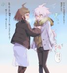  2girls :d ahoge alternate_costume black_jacket blush danganronpa_(series) danganronpa_2:_goodbye_despair feet_out_of_frame genderswap genderswap_(mtf) green_scarf grey_hair grey_jacket hair_between_eyes hinata_hajime jacket komaeda_nagito long_sleeves looking_at_another messy_hair multiple_girls oh_0409 scarf skirt smile thought_bubble translation_request white_skirt winter_clothes 