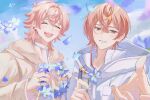  2boys blue_sky blush brown_eyes choker closed_eyes flower highres jacket jewelry looking_at_viewer male_focus miya_(38magical) miyama_kei multiple_boys open_mouth orange_hair paradox_live petals pink_hair purple_flower ring rokuta_(paradox_live) short_hair sky smile teeth twitter_username white_choker white_hood white_jacket 