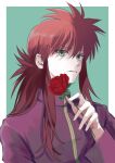  1boy absurdres flower green_background green_eyes hand_up highres holding holding_flower kurama_(yu_yu_hakusho) long_hair long_sleeves looking_at_viewer male_focus minato_x3710 outside_border parted_lips ponytail purple_shirt red_flower red_rose redhead rose shirt sidelocks signature solo upper_body yu_yu_hakusho 