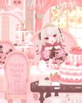  1girl :o @_@ absurdres bare_shoulders black_choker black_gloves blush cake chair chandelier choker cupcake dated dress food fruit gloves grey_hair hair_ribbon happy_birthday highres indoors long_hair looking_at_viewer macaron makaino_ririmu multicolored_hair nijisanji nipiqee open_mouth party pink_dress pink_eyes pink_hair pointy_ears princess ribbon solo strawberry streaked_hair stuffed_animal stuffed_rabbit stuffed_toy table tiara two-tone_hair virtual_youtuber 