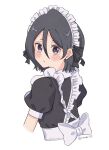  1girl absurdres apron back_bow black_dress black_hair bleach blush bow dress hair_between_eyes highres kuchiki_rukia looking_at_viewer looking_back maid maid_apron maid_headdress parted_lips puffy_short_sleeves puffy_sleeves rinner373 short_hair short_sleeves solo twitter_username upper_body violet_eyes white_bow 
