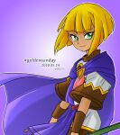  1girl blonde_hair cape closed_mouth commentary dated golden_sun green_eyes looking_at_viewer sheba_(golden_sun) short_hair simple_background smile solo staff 