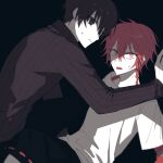  2boys black_eyes black_hair black_sweater braid facing_to_the_side fang haebu long_sleeves looking_at_viewer maeno_aki male_focus multiple_boys open_mouth pale_skin red_eyes redhead shirt short_hair short_hair_with_long_locks sweatdrop sweater teeth tsugino_haru turtleneck turtleneck_sweater white_shirt zeno_(game) 