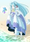  1girl aqua_hair barefoot blue_eyes blue_hair breasts closed_mouth full_body gloves golden_sun hair_ribbon highres long_hair looking_at_viewer mia_(golden_sun) ponytail ribbon robe smile solo white_gloves wide_ponytail 