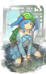  1girl absurdres backpack bag blue_eyes blue_hair blue_shirt blue_skirt collared_shirt flat_cap green_headwear hair_bobbles hair_ornament hat highres hua_ha_jiazi kawashiro_nitori key long_sleeves looking_at_viewer medium_hair open_mouth shirt skirt smile solo touhou twintails two_side_up water 