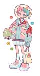  1girl backpack bag blue_eyes braid denim denim_jacket dolman_(dm) highres jacket multicolored_hair original pink_eyes simple_background skirt solo twin_braids two-tone_hair white_background 