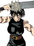  1girl absurdres arm_up bare_arms belt belt_buckle biceps black_hair black_pants black_shirt breasts buckle burn_scar closed_mouth cowboy_shot deltoids flat_color green_eyes high-waist_pants highres holding holding_sword holding_weapon isaacchief300 jujutsu_kaisen large_breasts lips looking_to_the_side muscular muscular_female one_eye_closed pants scar scar_across_eye shirt short_hair simple_background sleeveless sleeveless_shirt solo straight_hair sword weapon white_background wide_belt zen&#039;in_maki 