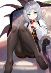  1girl akershus_fortress_(oshiro_project) black_dress black_pantyhose blue_eyes chair closed_mouth collared_shirt cup dress full_body grey_hair highres long_sleeves looking_at_viewer mug muunyan_(yumenekoya) oshiro_project:re pantyhose puffy_long_sleeves puffy_sleeves shirt sitting sleeveless sleeveless_dress sleeves_past_wrists solo thighs white_shirt 