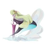  artist_name black_cape blue_cape cape clothed_pokemon colored_skin green_hair highres ktbr_2 long_hair pokemon pokemon_(creature) simple_background standing tsareena twitter_username two-sided_cape two-sided_fabric two-tone_cape violet_eyes water white_background white_skin 