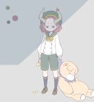  1boy aged_down blue_eyes blue_socks bow bowtie buttons character_doll child demon_boy demon_horns double-breasted flower full_body gluck_(sousou_no_frieren) green_headwear green_sailor_collar green_shorts grey_background hair_slicked_back hat highres holding holding_flower holding_stuffed_toy horn_bow horn_ornament horns kneehighs long_sleeves looking_at_viewer macht_(sousou_no_frieren) petals pointy_ears puffy_long_sleeves puffy_sleeves purple_hair red_bow sachinyopo sailor_collar shirt shoes short_eyebrows shorts slit_pupils socks sousou_no_frieren stuffed_animal stuffed_toy teddy_bear white_shirt yellow_bow yellow_bowtie 