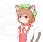  1girl animal_ear_piercing animal_ears blush bow bowtie brown_hair cat_ears cat_tail chen closed_mouth earrings flat_chest gold_trim green_headwear hair_between_eyes hat jewelry light_smile long_sleeves looking_ahead mob_cap multiple_tails nekomata red_eyes red_vest short_hair simple_background single_earring solo split_mouth tail touhou two_tails upper_body uru_(uru0301) vest white_background white_bow white_bowtie 