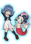  2girls absurdres blue_eyes blue_hair blush green_eyes highres himekawa_fubuki looking_at_viewer mermaid monster_girl multicolored_hair multiple_girls navel nazca_(rapid-rabbit&#039;s) ningyo_(youkai_watch) open_mouth pleated_skirt pointy_ears school_uniform serafuku shell shell_bikini simple_background skirt two-tone_hair white_background youkai_watch youkai_watch_jam:_youkai_gakuen_y 