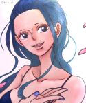  1girl blue_dress blue_eyes blue_hair blue_nails close-up commentary_request dress eyelashes highres keshimura long_hair looking_at_viewer nico_robin one_piece petals sidelocks simple_background smile solo white_background 