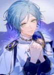  1boy blue_cape blue_hair cape closed_mouth ensemble_stars! eyelashes green_eyes highres jacket looking_at_viewer male_focus multicolored_background official_alternate_costume own_hands_clasped own_hands_together shikuyoro01 shinkai_kanata short_hair smile solo starry_sky_print white_cape white_jacket 