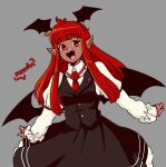  1girl absurdres alternate_skin_color bat_wings blacktober blush colored_skin dark-skinned_female dark_skin embodiment_of_scarlet_devil head_wings highres koakuma long_hair long_sleeves looking_at_viewer mercuriika necktie open_mouth red_eyes redhead shirt skirt smile solo touhou vest wings 