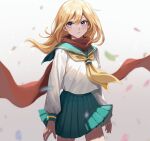  1girl 7th_stand_user absurdres blonde_hair blue_eyes blurry blurry_background closed_mouth cowboy_shot expressionless female_protagonist_(7th_stand_user) floating_hair frown gradient_background green_sailor_collar green_skirt grey_background highres jojo_no_kimyou_na_bouken light_particles long_hair long_sleeves looking_at_viewer neckerchief necktie pleated_skirt red_scarf sailor_collar scarf school_uniform serafuku shirt simple_background skirt solo standing white_background white_shirt wind yellow_neckerchief yellow_necktie yoi_okayu 