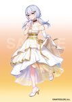  1girl black_choker choker dress finger_to_mouth full_body gloves grey_hair hair_ornament hairclip hakase_fuyuki half_gloves layered_dress nijisanji official_art red_eyes ribbon sample_watermark shinishi_chiho smile solo standing standing_on_one_leg twintails virtual_youtuber watermark white_dress white_footwear white_gloves yellow_dress yellow_ribbon 