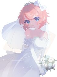  1girl anzen_robo_(474zz) blue_eyes bouquet bow breasts bridal_gauntlets cowboy_shot doki_doki_literature_club dress highres holding holding_bouquet looking_at_viewer medium_breasts off_shoulder open_mouth orange_hair sayori_(doki_doki_literature_club) short_hair tiara twitter_username wedding_dress white_background white_bow 