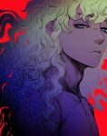  1boy berserk blue_eyes closed_mouth griffith_(berserk) highres lips long_hair looking_at_viewer male_focus nisino2222 red_background solo wavy_hair white_hair 