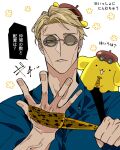  1boy alternate_eye_color animal_print beret blonde_hair blue_eyes blue_shirt collared_shirt goggles hat highres jujutsu_kaisen leopard_print lips looking_at_viewer male_focus mochiya_(mochiya0504) nanami_kento necktie parted_lips pompompurin sanrio shirt short_hair upper_body 