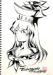  1girl artist_name closed_mouth dated greyscale hair_between_eyes highres kamishirasawa_keine lineart long_hair monochrome signature sketchbook solo touhou tsubameyado 