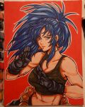  1girl bare_shoulders black_gloves blue_eyes blue_hair breasts crop_top earrings gloves highres jewelry leona_heidern marker_(medium) ponytail rarellano_art sleeveless soldier solo tank_top the_king_of_fighters the_king_of_fighters_xiii traditional_media triangle_earrings 