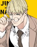  1boy alternate_eye_color blonde_hair brown_coat brown_necktie coat collared_shirt glasses highres jujutsu_kaisen male_focus mochiya_(mochiya0504) nanami_kento necktie removing_eyewear shirt short_hair white_shirt yellow_background 