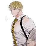  1boy alternate_eye_color animal_print blonde_hair blue_eyes collared_shirt highres jujutsu_kaisen leopard_print male_focus mochiya_(mochiya0504) nanami_kento necktie see-through shirt short_hair speech_bubble suspenders tie_clip undressing upper_body wet wet_clothes wet_hair white_background white_shirt 