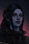  1girl artist_name baldur&#039;s_gate baldur&#039;s_gate_3 black_background black_hair closed_mouth colored_skin commission dungeons_and_dragons grey_skin highres instagram_logo laurelin long_hair pointy_ears portrait red_background red_eyes smile solo tav_(baldur&#039;s_gate_3) twitter_logo 