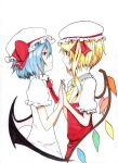  2girls absurdres ascot bat_wings blonde_hair blue_hair closed_mouth collared_shirt cropped_torso eye_contact flandre_scarlet hat hat_ribbon highres holding_hands looking_at_another medium_hair multicolored_wings multiple_girls puffy_short_sleeves puffy_sleeves red_ascot red_eyes red_ribbon red_vest remilia_scarlet ribbon sairyuu_chiharu shirt short_sleeves siblings simple_background sisters touhou upper_body vest white_background white_headwear white_shirt wings yellow_ascot 