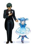  1boy 1girl alternate_costume alternate_universe bird_girl bird_legs bird_tail bird_wings black_bow black_bowtie black_coat black_pants black_suit blue_bow blue_bowtie blue_capelet blue_dress blue_hair boutonniere bow bowing bowtie brooch brown_footwear capelet child choker coat collared_shirt colored_eyelashes contemporary curtsey dress elbow_gloves facing_viewer father_and_daughter feathered_wings final_fantasy final_fantasy_xiv formal frilled_dress frills full_body gloves hand_on_own_chest hand_up head_wings height_difference hermes_(ff14) highres holding_hands jewelry large_bow layered_dress leg_ribbon meteion monster_girl pants ribbon shirt shoes short_hair simple_background skirt_hold smile standing straight-on suit tail white_background white_choker white_gloves white_shirt wings wuliu_heihuo 