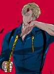  1boy alternate_eye_color animal_print blonde_hair blood blood_on_face blue_eyes blue_shirt collared_shirt expressionless highres jujutsu_kaisen leopard_print looking_at_viewer male_focus mochiya_(mochiya0504) nanami_kento necktie red_background shirt short_hair solo suspenders upper_body wiping_blood yellow_necktie 