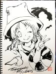  1girl :q artist_name dated greyscale hair_ribbon hand_on_own_hip hat head_tilt highres innertube lineart long_sleeves looking_at_viewer medium_hair monochrome moriya_suwako one_eye_closed ribbon signature sketchbook solo swim_ring tongue tongue_out touhou tsubameyado v wide_sleeves 