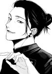  1boy ear_piercing getou_suguru greyscale ha_mmmu hair_bun hair_pulled_back hand_up highres jacket jujutsu_kaisen jujutsu_tech_uniform looking_at_viewer male_focus monochrome open_mouth piercing school_uniform short_hair simple_background smile solo upper_body 