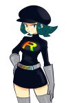  1girl absurdres belt black_headwear black_skirt closed_mouth commentary english_commentary gloves green_eyes green_hair grey_gloves grey_thighhighs hand_on_own_hip highres looking_at_viewer pokemon pokemon_usum short_hair simple_background skirt smgold solo standing team_rainbow_rocket_grunt thigh-highs white_background 