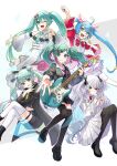  +_+ 25-ji_miku 5girls :d ;d animal_ears aqua_hair aqua_nails black_footwear black_thighhighs blue_hair blue_nails bow bowtie closed_mouth detached_sleeves expressionless green_eyes green_hair grey_hair grin hair_bow hatsune_miku heterochromia highres leo/need_miku more_more_jump!_miku multiple_girls necktie one_eye_closed open_mouth peron_(niki2ki884) pleated_skirt project_sekai red_bow red_bowtie red_eyes red_necktie skirt smile thigh-highs twintails vivid_bad_squad_miku vocaloid w white_thighhighs wide_sleeves wonderlands_x_showtime_miku 