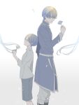  2boys absurdres aged_down back-to-back blue_flower blue_hair blue_jacket child dual_persona feet_out_of_frame floating_hair flower frieren grey_shirt grey_shorts hand_up highres himmel_(sousou_no_frieren) holding holding_flower jacket long_hair long_sleeves looking_ahead looking_at_another looking_at_hand male_focus mole mole_under_eye multiple_boys out_of_frame pants petals sachinyopo shirt short_hair shorts simple_background smile sousou_no_frieren standing sunlight white_background white_flower white_pants 