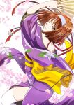  1girl bare_shoulders brown_eyes brown_hair floral_print floral_print_kimono hairband hand_fan highres holding holding_fan japanese_clothes kanzaki_sumire kimono looking_at_viewer looking_back nekomaru print_kimono purple_kimono purple_sleeves sakura_taisen short_hair solo thigh-highs twitter_username white_hairband white_thighhighs wide_sleeves 
