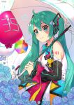  1girl 39 anniversary aqua_eyes balloon bare_shoulders black_sleeves blue_flower closed_mouth commentary cowboy_shot detached_sleeves flower green_hair hair_between_eyes hair_ornament hands_up hatsune_miku headphones highres holding holding_umbrella long_hair looking_at_viewer magical_mirai_(vocaloid) magical_mirai_miku magical_mirai_miku_(2018) multicolored_clothes multicolored_skirt number_tattoo parasol shirt shoulder_tattoo sidelocks skirt sleeveless sleeveless_shirt smile solo speech_bubble standing tattoo tsukino_(nakajimaseiki) twintails umbrella very_long_hair vocaloid white_shirt 