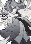  1boy arven_(pokemon) greyscale grin hair_over_one_eye holding holding_own_arm holding_poke_ball long_hair male_focus monochrome multicolored_hair necktie open_clothes poke_ball pokemon pokemon_sv school_uniform shirt smile solo two-tone_hair vest wokome 